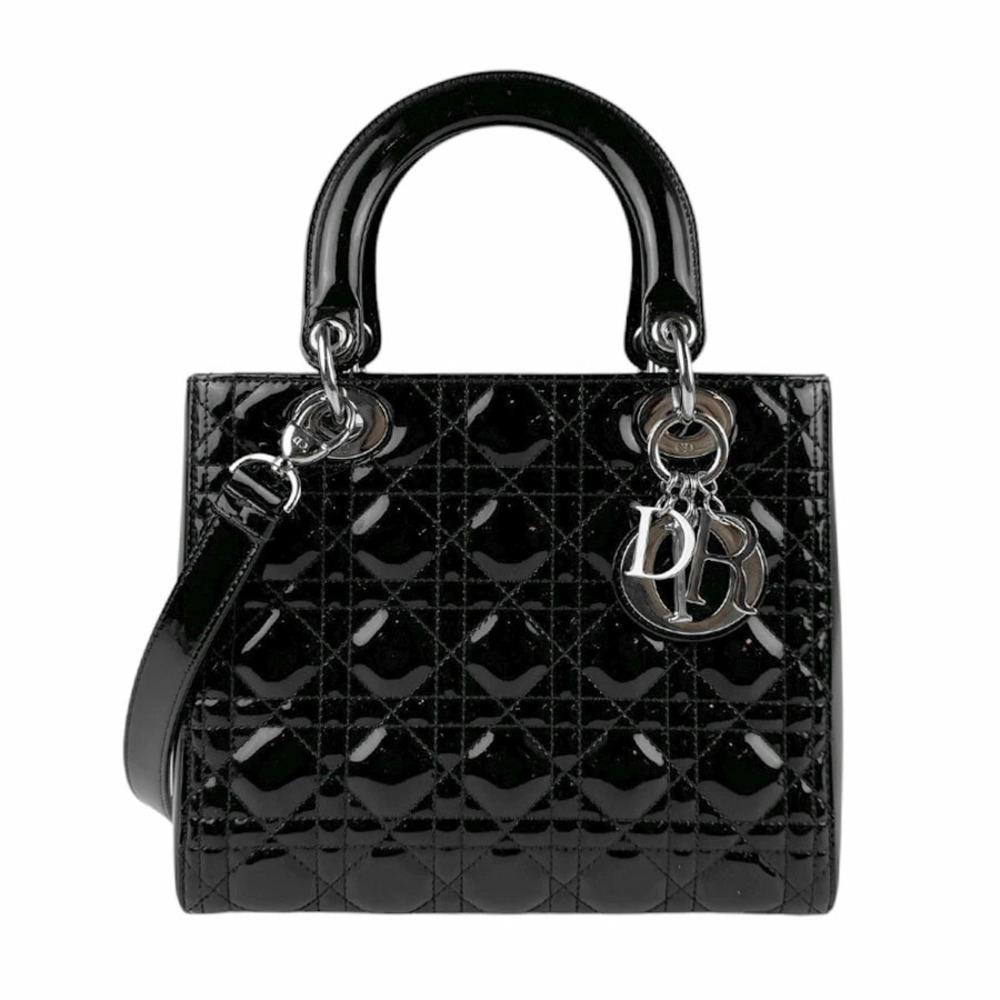 Christian Dior Lady 2way Shoulder Bag Patent Vernis leather black silver